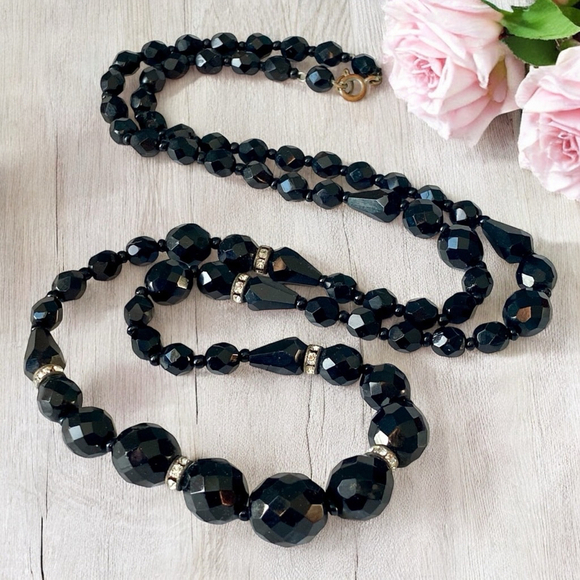 Art Deco French Jet Black Glass Beaded Rhinestone Necklace - Picture 3 of 6